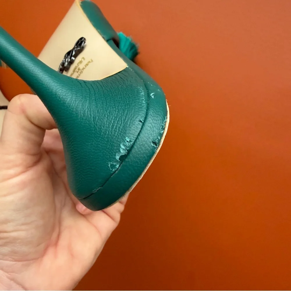 Ukrainian Designer Handmade Green Leather Heels with Tassel Bow Detail - Picture 5 of 8
